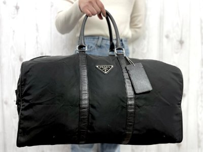 極美品 PRADA プラダ テスート デカ ロゴ カード有 ボストンバッグ バッグ V20 ナイロン&times;サフィアーノレザー 黒 A4収納可 メンズ 92995