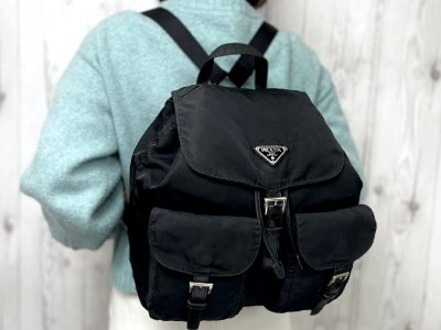 美品 PRADA プラダ ナイロンリュック リュックサック バッグ ナイロン&times;レザー 黒 92860Y