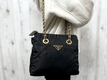 極美品 PRADA プラダ テスート キルティング ゴールドチェーン ショルダーバッグ バッグ ナイロン&times;サフィアーノレザー 黒 92976Y
