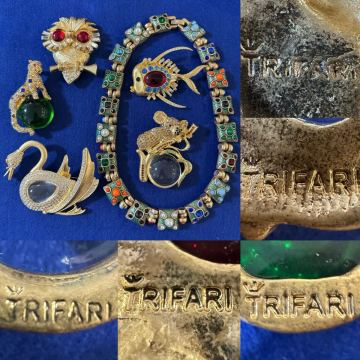 ヴィンテージ デザイン　アクセサリー　ネックレス　ブローチ　まとめ売り　まとめて　大量　ゴールド　カラフル　レトロ　刻印有TRIFARI