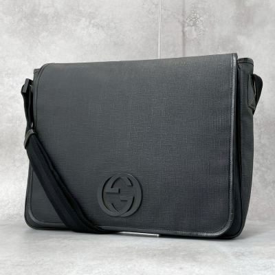 極美品◆GUCCI グッチ ショルダーバッグ インターロッキング GGロゴ 本革 レザー メッセンジャーバッグ ダークグレー メンズ