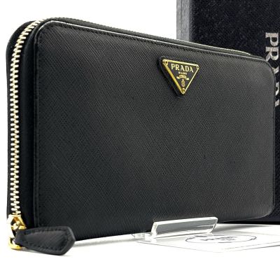 未使用級◆PRADA プラダ 長財布 サフィアーノレザー 三角プレート 三角ロゴ トライアングル ブラック ゴールドロゴ メンズ