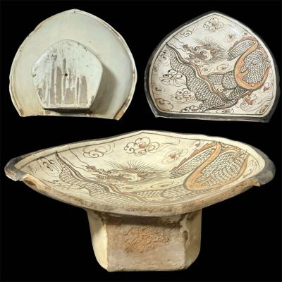 磁州窯　陶枕　中国美術　雲龍文陶枕　宋代　中国古玩　古陶磁　