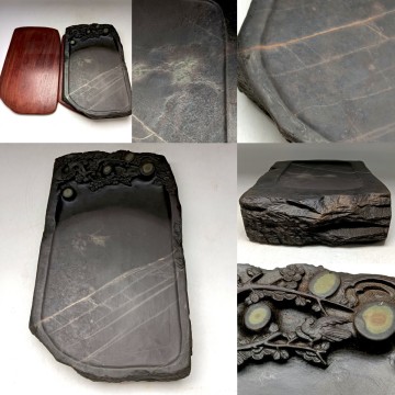 【A4438】金線!端渓硯 古硯 端硯 氷紋 紫 石眼 梅花彫 すずり 唐物 古玩 中国美術 書道具 文房四宝 骨董品 アンティーク 唐木箱