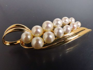真珠 パール シルバー 銀製 ブローチ兼ペンダントトプ 約5～8㎜球パール 約7㎝ ゴールドカラー
