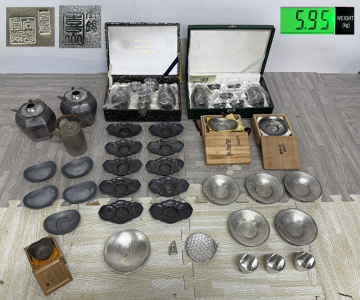 SY12-9 錫製 大量まとめ 徳利 お猪口 盃 茶托 酒器 他 総重量:約6㎏ | 金属工芸 工芸品 アンティーク 現状品 保管品