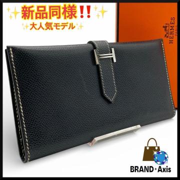 ★【新品同様】エルメス HERMES 二つ折り長財布 ベアン ヴォーエプソン シルバー金具 ネイビー □E刻印 メンズ レディース★