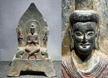 ◆羽彰・古美術◆Y663北魏時代 青石 一仏二弟子仏龕 青石細工彫刻★仏教古美術★仏像★細密細工★廃寺旧蔵★廃寺買出品