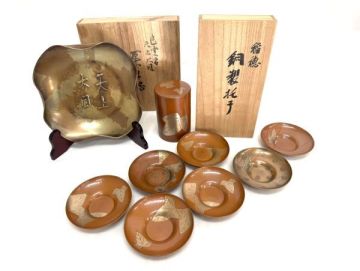 未使用 他 玉川堂 葉紋 稲穂紋 銅製 茶器まとめてセット 総重量1326g 茶托 茶筒 良寛 菓子器 鎚起銅器 無形文化 茶道具