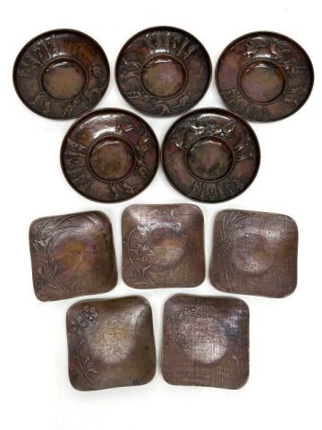 旧家蔵出 本間琢斎 晴雲 斑紫銅 茶托 2点まとめてセット 五客揃 総重量1148g 果亭鼠画 漢詩紋 図替 斑紫銅鼠漢詩盛上文托子