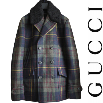 正規品 最高級 グッチ GUCCI リアルボア&times;ウールメルトン ダブルブレステッドコート ライダースブルゾン ジャケット