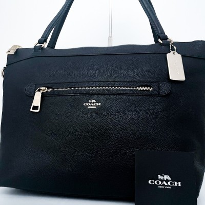 1円■超美品■COACH コーチ チャーム 肩掛け可 トートバッグ ビジネス ブリーフケース 大容量 A4 メンズ レディース レザー ブラック 黒