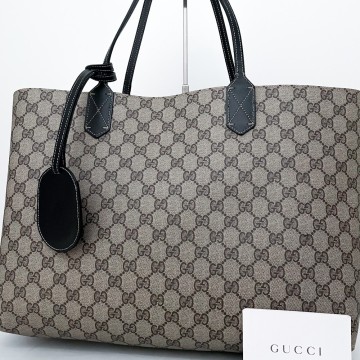 1円■超美品■幻の逸品■型崩れ無し■最大サイズ GUCCI グッチ リバーシブル トートバッグ ビジネス A4 メンズ レディース レザー ブラック