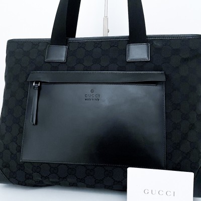1円■超美品■入手困難色 GUCCI グッチ GGキャンバス 軽量 型押し トートバッグ ビジネス 大容量 A4 メンズ レディース レザー ブラック 黒
