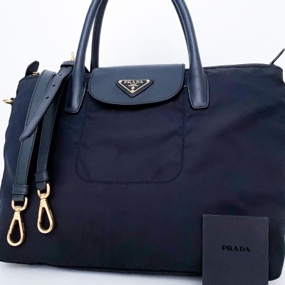 1円■未使用級■最高級ライン■PRADA プラダ 2way 軽量 ナイロン フラップ 三角プレート ロゴ トートバッグ ビジネス A4 メンズ レディース