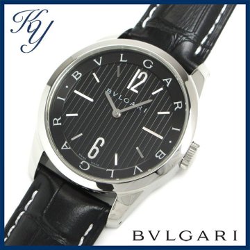 1円～ 3ヶ月保証付き 磨き済み 美品 本物 定番 人気 BVLGARI ブルガリ ソロテンポ ST37S 革ベルト ブラック メンズ 時計