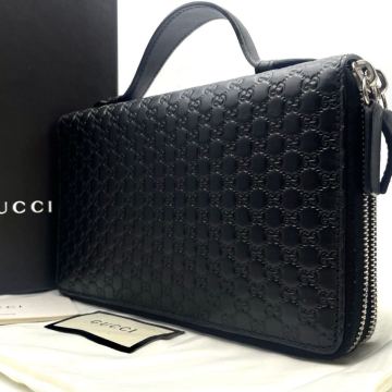現行/未使用品● GUCCI グッチ 長財布 トラベルケース オーガナイザー ダブルファスナー ラウンド GG マイクロシマ ブラック レザー