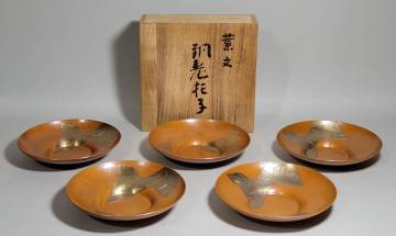 古美術柳　玉川堂 葉文 銅製茶托 五客 共箱 煎茶