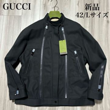 新品未使用 42/Lサイズ『GUCCI グッチ』ブラック デニムジャケット メンズ レザーワッペン 冬 革 ブルゾン 黒 アウター 厚手 タグ Gジャン