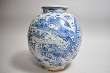 【英】A30 時代 李朝染付雲龍紋大壺 H39㎝ 中国美術 朝鮮 韓国 高麗 李朝 壷 青花 花瓶 骨董品 美術品 古美術 時代品 sz