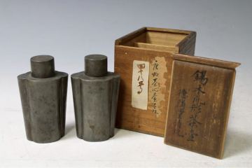 【英】B20 時代 錫木瓜形茶壺一双 中国美術 朝鮮 茶道具 茶入 蓋壺 錫製 骨董品 美術品 古美術 時代品 sz