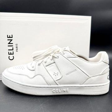 1円 【美品】 CELINE セリーヌ CT-04 カーフスキン ローカット ロゴ エンボス ホワイト レザー メンズ スニーカー 靴 シューズ27cm相当