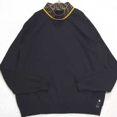 極美品 希少2XL 現行 フェンディ FENDI ズッカ柄 FF柄 ジャガード 襟切替 ロゴボタン ハイネック ニット セーター ウール メンズ 黒 52伊製