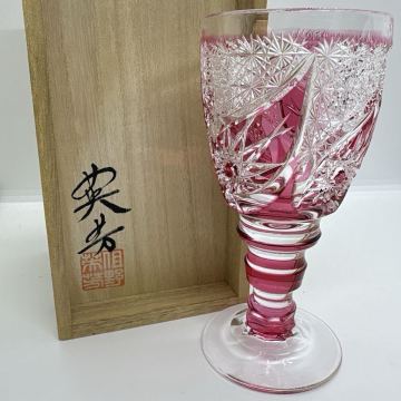 1円〜 江戸切子 但野英芳 酒杯 酒器 伝統工芸 グラス ピンク色 コップ ガラス工芸 古美術 骨董品 高さ14cm