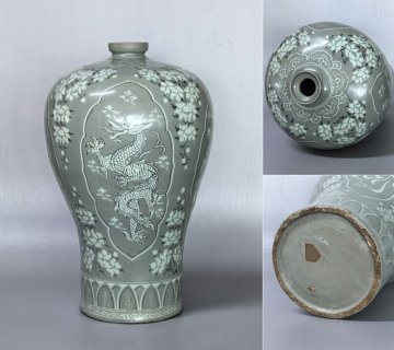▼渡鶴羽▼H6266朝鮮珍品旧蔵 朝鮮美術 高麗磁 朝鮮古陶磁器 古高麗 李朝 高麗青磁黒白象嵌龍鳳紋梅瓶