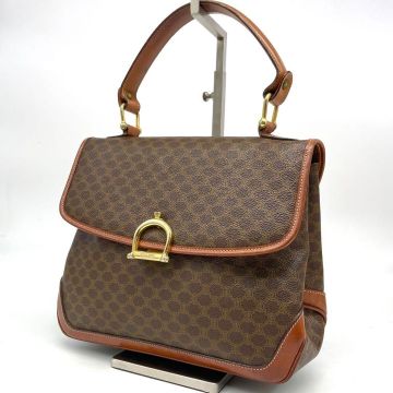 【良品】 CELINE セリーヌ マカダム柄 ハンドバッグ レザー PVC ゴールド金具 フォーマル イタリア製 ブラウン