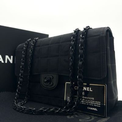 1円【未使用級】CHANEL シャネル ニュートラベルライン チェーン ショルダーバッグ ダブルフラップ ターンロック ココマーク シール有 黒色