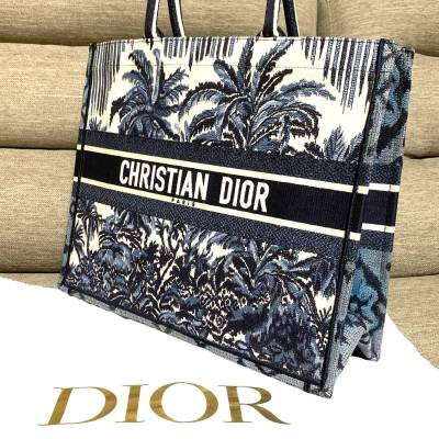 【極美品】クリスチャンディオール ブックトート ミディアム トワルドゥジュイ パームツリー 刺繍 ネイビー トートバッグ 付属有 ラージ