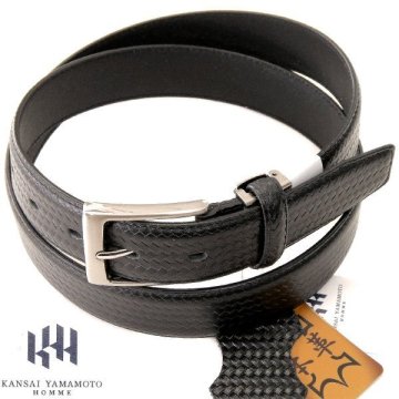 新品 カンサイヤマモトオム カーボン調型押し 牛革 レザー ベルト 黒 【K22895】 KANSAI YAMAMOTO HOMME メンズ 天然皮革 カット調整可能