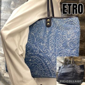 美品 A4 エトロ ETRO トートバッグ ハンド ショルダー 肩掛け シボレザー 本革 デニム ネイビー リバーシブル ペイズリー 総柄 メンズ