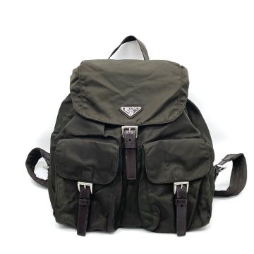1円 美品 PRADA プラダ テスートナイロン レザー ロゴプレート リュック バックパック カーキ B2811