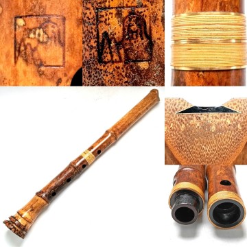 3.尺八 二印 容山銘 金縁歌口 藤巻金三線 中継ぎ 継手 二つ折 管楽器 和楽器 中古品 音出し未確認 全長約49cm 重さ約342.5g歌口傷あり