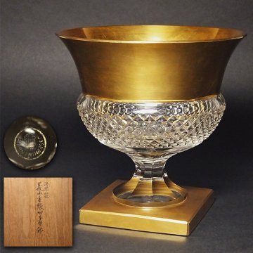 慶應◆明治時代 仏蘭西舶来 義山(ギヤマン)金縁切子台鉢 「Josephinenhutte」製 時代箱 茶道具