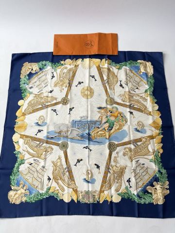新品未使用！正規品 極美品 HERMES エルメス 海と神話のデザイン カレ90 シルク スカーフ タグあり 袋あり 