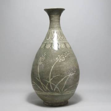 韓国美術　李朝　高麗　青磁花瓶　青磁花瓶　黒白象嵌　花瓶　朝鮮　時代物