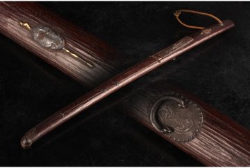 [URA]孔雀文小柄付軍配文茶刀/H68.5cm/4-1-65　(検索)骨董/茶刀/茶室刀/武具/茶道/武器/暗器/護身具/十手/木刀/茶道具