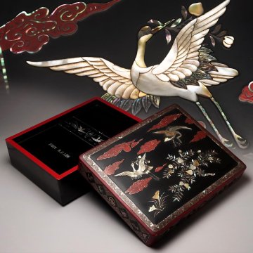 FE543 朝鮮美術 朝鮮螺鈿漆器 青貝螺鈿「雲鶴寿桃図」文箱 幅46.3cm / 重4.5kg・雲鶴螺鈿箱・料紙文庫 古美術品