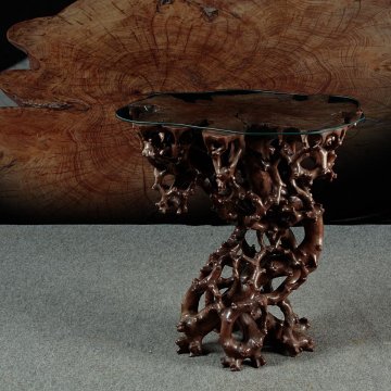 DT457 時代 大型 天然木 唐木 天然彫根卓 硝子天板付 高67.8cm 総重19.1kg・唐木雕盤根花几底座・飾台・香几 中国古玩 古美術 唐物