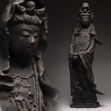 FE821 時代金工 重厚 青銅 ブロンズ像「観音菩薩立像」置物 高63cm / 重14kg「白衣観音/觀音菩薩像」床置 床飾り 古美術品