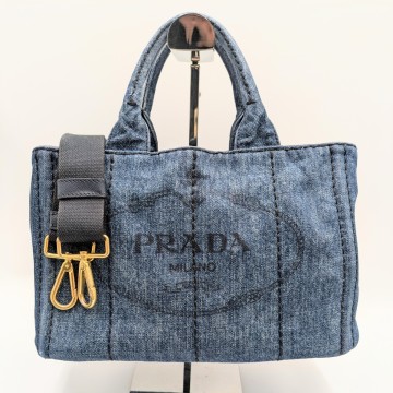 美品☆ PRADA プラダ カナパ ハンドバッグ トートバッグ 2WAY デニム ブルー インディゴ ショルダーバッグ