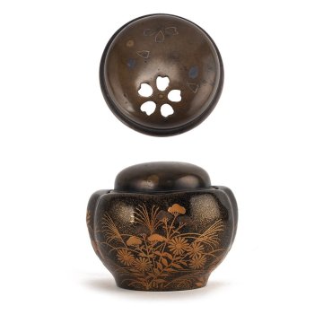 【夢工房】時代 草花 蒔絵 木瓜形 小 香炉 金銀象嵌 桃花透 銅火舎 時代箱　XE-006
