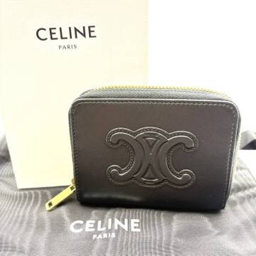 25札/A019110-2/AS30000/Y014-630/ コインケース CELINE セリーヌ トリオンフ レザー コンパクト ジップウォレット 黒 箱 布袋付き