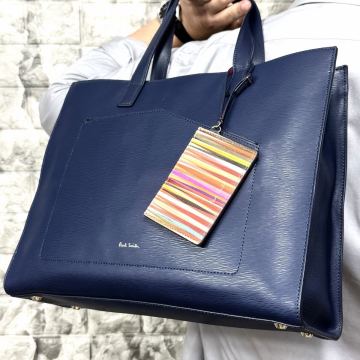 極美品/A4収納◎ 現行モデル ポールスミス Paul Smith マルチストライプ ウェーブレザー メンズ ビジネス レザー 本革 トートバッグ 肩掛け