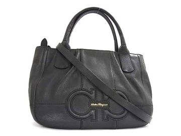 1円 ■美品■ Salvatore Ferragamo フェラガモ ダブルガンチーニ レザー 2WAY ハンドバッグ トート ショルダー 肩掛け ブラック系 FV7267