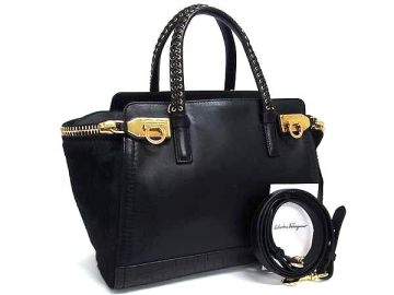 1円 ■美品■ Salvatore Ferragamo フェラガモ ガンチーニ レザー&times;ハラコ 2WAY ハンドバッグ トート ショルダー ブラック系 FV6977