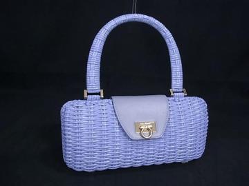 1円 ■極美品■ Salvatore Ferragamo フェラガモ EZ-21 4412 ガンチーニ ラタン カゴバッグ ハンドバッグ ライトブルー系 FV6929